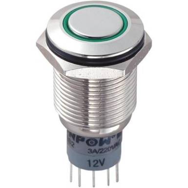 Vandálbiztos nyomókapcsoló körvilágítással, 16 mm, 250 V/AC 3A, zöld, LAS2GQF-22ZE/G/12V/N/P Vandálbiztos nyomókapcsoló körvilágítással, 16 mm, 250 V/AC 3A, zöld, LAS2GQF-22ZE/G/12V/N/P