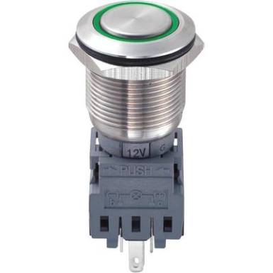 Vandálbiztos nyomógomb kör világítással, zöld, 19 mm, 250V/AC, 5A, LAS1-BGQ-11E/G/12V Vandálbiztos nyomógomb kör világítással, zöld, 19 mm, 250V/AC, 5A, LAS1-BGQ-11E/G/12V