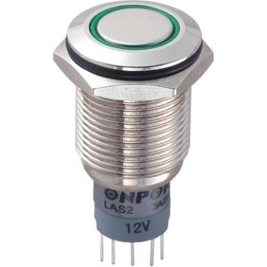 Vandálbiztos nyomógomb kör világítással, zöld, 16 mm, 250V/AC, 3A, LAS2GQF-11E/G/12V/N/P Vandálbiztos nyomógomb kör világítással, zöld, 16 mm, 250V/AC, 3A, LAS2GQF-11E/G/12V/N/P