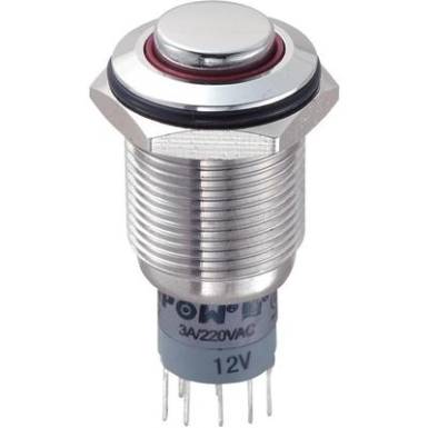 Vandálbiztos nyomókapcsoló körvilágítással, 16 mm, 250 V/AC 3A, piros, LAS2GQH-22ZE/R/12V/S/P Vandálbiztos nyomókapcsoló körvilágítással, 16 mm, 250 V/AC 3A, piros, LAS2GQH-22ZE/R/12V/S/P
