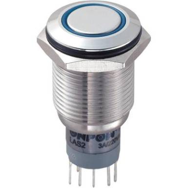 Vandálbiztos nyomókapcsoló körvilágítással, 16 mm, 250 V/AC 3A, kék, LAS2GQF-22ZE/B/12V/S/P Vandálbiztos nyomókapcsoló körvilágítással, 16 mm, 250 V/AC 3A, kék, LAS2GQF-22ZE/B/12V/S/P