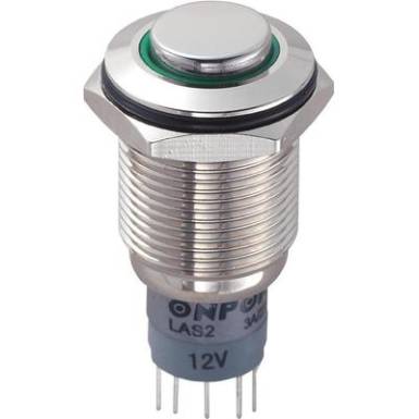 Vand&aacute;lbiztos nyom&oacute;gomb k&ouml;r vil&aacute;g&iacute;t&aacute;ssal, z&ouml;ld, 16 mm, 250V/AC, 3A, LAS2GQH-11E/G/12V/N/P