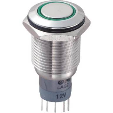 Vandálbiztos nyomógomb kör világítással, zöld, 16 mm, 250V/AC, 3A, LAS2GQF-11E/G/12V/S/P Vandálbiztos nyomógomb kör világítással, zöld, 16 mm, 250V/AC, 3A, LAS2GQF-11E/G/12V/S/P