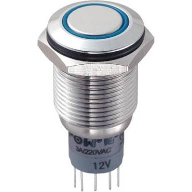 Vandálbiztos nyomógomb kör világítással, kék, 16 mm, 250V/AC, 3A, LAS2GQF-22E/B/12V/S/P Vandálbiztos nyomógomb kör világítással, kék, 16 mm, 250V/AC, 3A, LAS2GQF-22E/B/12V/S/P