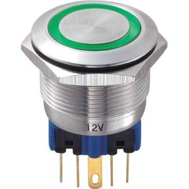 Vand&aacute;lbiztos nyom&oacute;gomb k&ouml;r vil&aacute;g&iacute;t&aacute;ssal, z&ouml;ld, 22 mm, 250V/AC, 5A, GQ22-11E/G/12V
