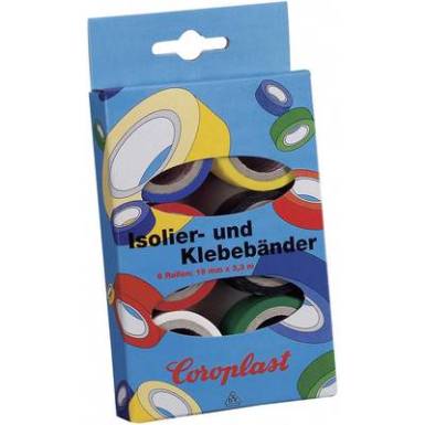 PVC elektromos szigetelőszalag készlet, 3 m x 19 mm, kék/sárga/piros/fekete/fehér/zöld, Coroplast 28839 PVC elektromos szigetelőszalag készlet, 3 m x 19 mm, kék/sárga/piros/fekete/fehér/zöld, Coroplast 28839