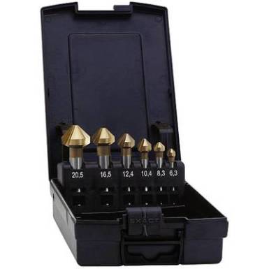 Kúpos süllyesztő készlet, 5 részes HSS TiN 6.3 mm, 10.4 mm, 16.5 mm, 20.5 mm, 25 mm Exact 05568 Kúpos süllyesztő készlet, 5 részes HSS TiN 6.3 mm, 10.4 mm, 16.5 mm, 20.5 mm, 25 mm Exact 05568