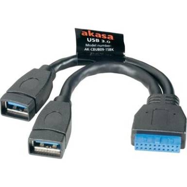 USB 3.0 adapter kábel, 19 pólusú, 2 x USB A aljzat, 15 cm, Akasa AK-CBUB09-15BK USB 3.0 adapter kábel, 19 pólusú, 2 x USB A aljzat, 15 cm, Akasa AK-CBUB09-15BK