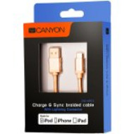 CANYON Charge & Sync MFI braided cable with metalic shell, USB to lightning, certified by Apple, 1m, 0.28mm, Golden CNS-MFIC3GO