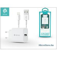 Devia Apple iPhone 5/5S/5C/SE/6S/6S Plus USB h&aacute;l&oacute;zati t&ouml;ltő adapter + lightning adatk&aacute;bel 1,2 m-es vezet&eacute;kkel - 5V/2,1A - Devia Smart Fast Charger Suit - white ST300363