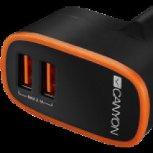 CANYON CANYON Universal 2xUSB AC charger (in wall) with over-voltage protection, Input 100V-240V, Output 5V-2.1A , with Smart IC, black rubber coating with orange stripe CNE-CHA02B