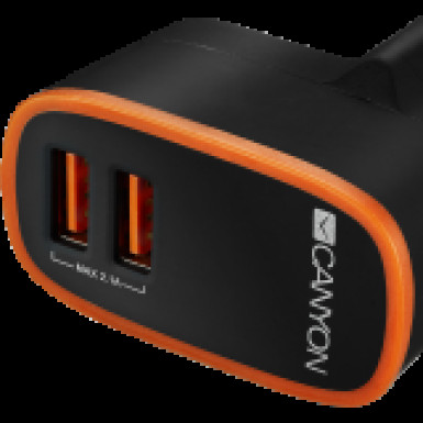 CANYON CANYON Universal 2xUSB AC charger (in wall) with over-voltage protection, Input 100V-240V, Output 5V-2.1A , with Smart IC, black rubber coating with orange stripe CNE-CHA02B