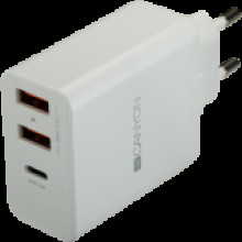 CANYON CANYON Universal 3xUSB AC charger (in wall) with over-voltage protection(1 USB-C with PD Quick Charger), Input 100V-240V, OutputUSB-A/5V-2.4A+USB-C/PD30W, with Smart IC, White Glossy Color+ orange plastic part of USB CNE-CHA08W