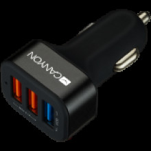CANYON CANYON Universal 3xUSB car adapter(1 USB with Quick Charger QC3.0), Input 12-24V, Output USB/5V-2.1A+QC3.0/5V-2.4A&9V-2A&12V-1.5A, with Smart IC, black rubber coating+black metal ring+QC3.0 port with blue/other ports in orange,  66*35.2*2