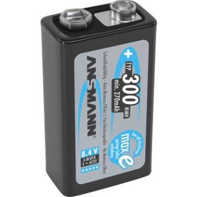 9V akku NiMH 8,4 V 300 mAh, Ansmann maxE 6LR61, HR6F22, HR9V, HR22, 6LR21, 6AM6, 6LP3146, MN1604, E Block 9V akku NiMH 8,4 V 300 mAh, Ansmann maxE 6LR61, HR6F22, HR9V, HR22, 6LR21, 6AM6, 6LP3146, MN1604, E Block
