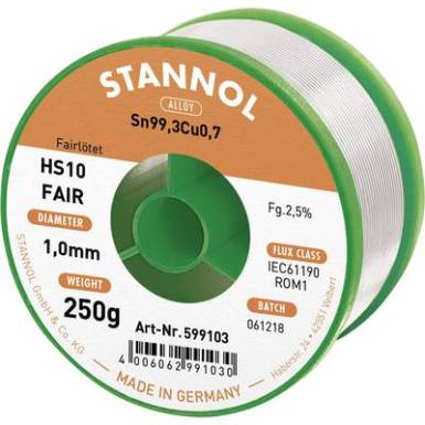 Forrasztóón Tekercs Stannol HS10-Fair Sn99.3Cu0.7 250 g 1.0 mm Forrasztóón Tekercs Stannol HS10-Fair Sn99.3Cu0.7 250 g 1.0 mm