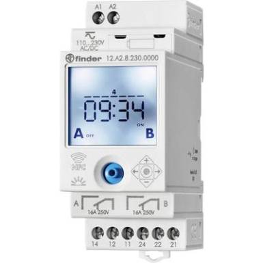 Időkapcsoló óra asztro funkcióval, DIN sínes, 90 - 264 V DC/AC 2 váltó 16 A 250 V/AC 750 VA, Finder 12.A2.8.230.0000 Időkapcsoló óra asztro funkcióval, DIN sínes, 90 - 264 V DC/AC 2 váltó 16 A 250 V/AC 750 VA, Finder 12.A2.8.230.0000