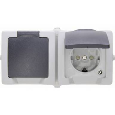 Kültéri falon kívüli konnektor, 2 aljzattal, fedéllel 230V/16A IP 44 védett, szürke, Kopp 137056002 Kültéri falon kívüli konnektor, 2 aljzattal, fedéllel 230V/16A IP 44 védett, szürke, Kopp 137056002