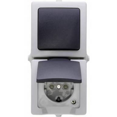Kültéri falon kívüli konnektor és kapcsoló egyben 230V/10/16A IP 44 védett, szürke, Kopp 138556008 Kültéri falon kívüli konnektor és kapcsoló egyben 230V/10/16A IP 44 védett, szürke, Kopp 138556008