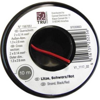 Lapos vezet&eacute;k, 2 x 0,14 mm, fekete/piros 10 m, Tru Components