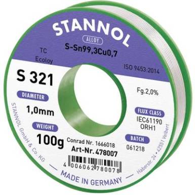 Stannol S321 2,0% 1,0MM SN99,3CU0,7CD 100G Forrasztóón, ólommentes Ólommentes, Tekercs Sn99.3Cu0.7 100 g 1 mm Stannol S321 2,0% 1,0MM SN99,3CU0,7CD 100G Forrasztóón, ólommentes Ólommentes, Tekercs Sn99.3Cu0.7 100 g 1 mm