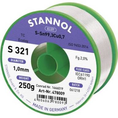 Ólommentes forrasztóón 2% 1 mm SN99,3CU0,7 CD 250 g Stannol S321 Ólommentes forrasztóón 2% 1 mm SN99,3CU0,7 CD 250 g Stannol S321