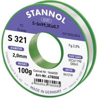Stannol S321 2,0% 2,0MM SN99,3CU0,7 CD 100G Forraszt&oacute;&oacute;n, &oacute;lommentes &Oacute;lommentes, Tekercs Sn99.3Cu0.7 100 g 2 mm
