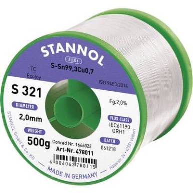 Stannol S321 2,0% 2,0MM SN99,3CU0,7CD 500G Forrasztóón, ólommentes Ólommentes, Tekercs Sn99.3Cu0.7 500 g 2 mm Stannol S321 2,0% 2,0MM SN99,3CU0,7CD 500G Forrasztóón, ólommentes Ólommentes, Tekercs Sn99.3Cu0.7 500 g 2 mm