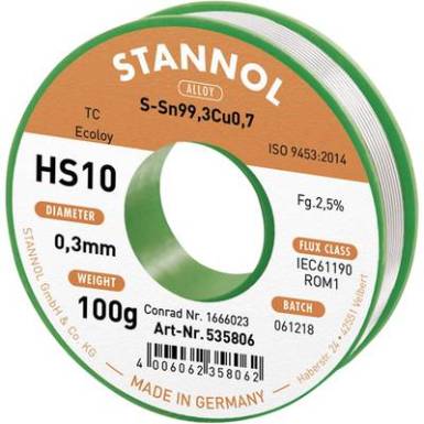 Stannol HS10 2,5% 0,3MM SN99,3CU0,7 CD 100G Forrasztóón, ólommentes Ólommentes, Tekercs Sn99.3Cu0.7 100 g 0.3 mm Stannol HS10 2,5% 0,3MM SN99,3CU0,7 CD 100G Forrasztóón, ólommentes Ólommentes, Tekercs Sn99.3Cu0.7 100 g 0.3 mm