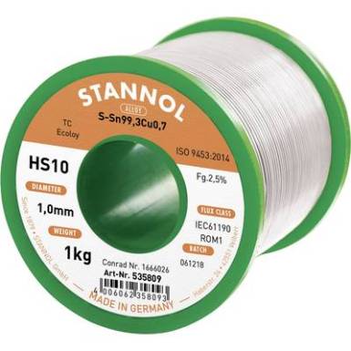 Forrasztóón, ólommentes Ólommentes, Tekercs Stannol HS10 2,5% SN99,3CU0,7 CD 1000 g 1 mm Forrasztóón, ólommentes Ólommentes, Tekercs Stannol HS10 2,5% SN99,3CU0,7 CD 1000 g 1 mm
