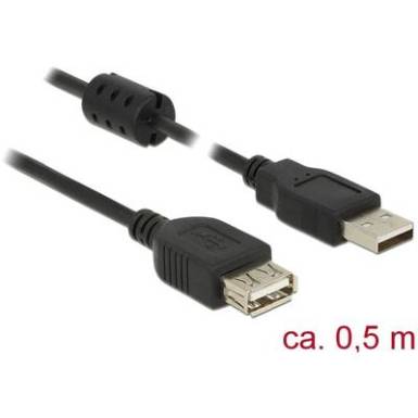 Delock USB 2.0 Hosszabb&iacute;t&oacute;k&aacute;bel [1x USB 2.0 dug&oacute;, A t&iacute;pus - 1x USB 2.0 alj, A t&iacute;pus] 0.5 m Fekete Ferritmaggal