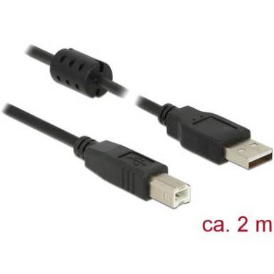 Delock USB 2.0 Csatlakoz&oacute;k&aacute;bel [1x USB 2.0 dug&oacute;, A t&iacute;pus - 1x USB 2.0 dug&oacute;, B t&iacute;pus] 2 m Fekete Ferritmaggal