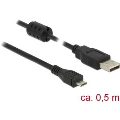 Delock USB 2.0 Csatlakoz&oacute;k&aacute;bel [1x USB 2.0 dug&oacute;, A t&iacute;pus - 1x USB 2.0 dug&oacute;, mikro B t&iacute;pus] 0.5 m Fekete Ferritmaggal