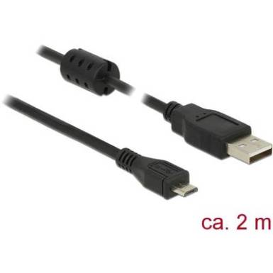 Delock USB 2.0 Csatlakoz&oacute;k&aacute;bel [1x USB 2.0 dug&oacute;, A t&iacute;pus - 1x USB 2.0 dug&oacute;, mikro B t&iacute;pus] 2 m Fekete Ferritmaggal