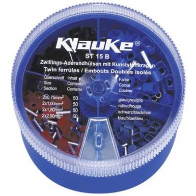 Iker érvéghüvely készlet 0.75 mm? 2.50 mm? Szürke, Piros, Fekete, Kék Klauke ST15B 200 rész Iker érvéghüvely készlet 0.75 mm? 2.50 mm? Szürke, Piros, Fekete, Kék Klauke ST15B 200 rész