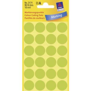 Öntapadós jelölő címke, kerek 18 mm átmérőjű, 96 db-os készlet, fényes zöld, Avery-Zweckform 3174 Öntapadós jelölő címke, kerek 18 mm átmérőjű, 96 db-os készlet, fényes zöld, Avery-Zweckform 3174