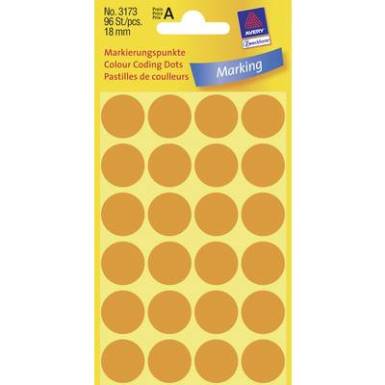 Öntapadós jelölő címke, kerek 18 mm átmérőjű, 96 db-os készlet, fényes narancs, Avery-Zweckform 3173 Öntapadós jelölő címke, kerek 18 mm átmérőjű, 96 db-os készlet, fényes narancs, Avery-Zweckform 3173