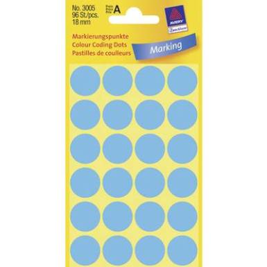 Öntapadós jelölő címke, kerek 18 mm átmérőjű, 96 db-os készlet, kék, Avery-Zweckform 3005 Öntapadós jelölő címke, kerek 18 mm átmérőjű, 96 db-os készlet, kék, Avery-Zweckform 3005