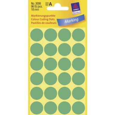 Öntapadós jelölő címke, kerek 18 mm átmérőjű, 96 db-os készlet, zöld, Avery-Zweckform 3006 Öntapadós jelölő címke, kerek 18 mm átmérőjű, 96 db-os készlet, zöld, Avery-Zweckform 3006