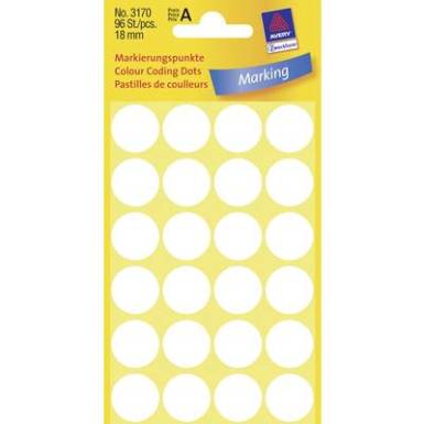 Öntapadós jelölő címke, kerek 18 mm átmérőjű, 96 db-os készlet, fehér, Avery-Zweckform 3170 Öntapadós jelölő címke, kerek 18 mm átmérőjű, 96 db-os készlet, fehér, Avery-Zweckform 3170