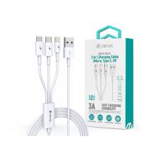 Devia Devia USB t&ouml;ltő- &eacute;s adatk&aacute;bel 1,2 m-es vezet&eacute;kkel - Devia Smart Series 3in1 for Lightning/Android/Type-C - 2A - white ST329975