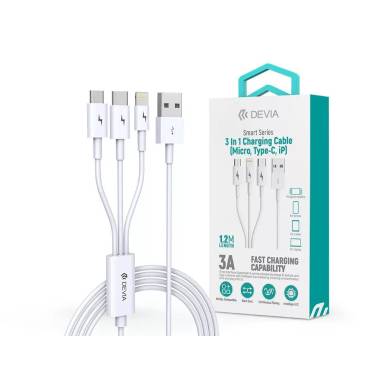 Devia Devia USB t&ouml;ltő- &eacute;s adatk&aacute;bel 1,2 m-es vezet&eacute;kkel - Devia Smart Series 3in1 for Lightning/Android/Type-C - 2A - white ST329975