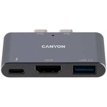CANYON Canyon Multiport Docking Station with 3 port, with Thunderbolt 3 Dual type C male port, 1*Thunderbolt 3 female+1*HDMI+1*USB3.0. Input 100-240V, Output USB-C PD100W&USB-A 5V/1A, Aluminium alloy, Space gray, 59*35.5*10mm, 0.028kg CNS-TDS01D