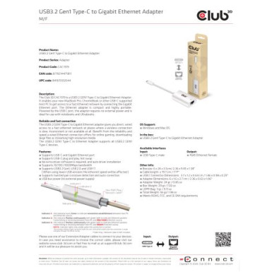 Club3D USB3.2 Gen1 Type-C to Gigabit Ethernet Adapter M/F CAC-1519