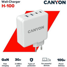 CANYON CANYON H-100, GAN 100W charger  Input:  100V-240V Output: USB-C1/C2: 5V 3A , 9V 3A , 12V 3A , 15V 3A , 20V 5A  USB-A 1/A2: 4.5V/5A, 5V/4.5A, 9V/3A, 12V/2.5A,  20V/1.5A  C1+C2 : 65W + 30W； C1+A1 : 65W + 30W ； C1+A2 : 65W + 30W ；C1+A1+A2 : 